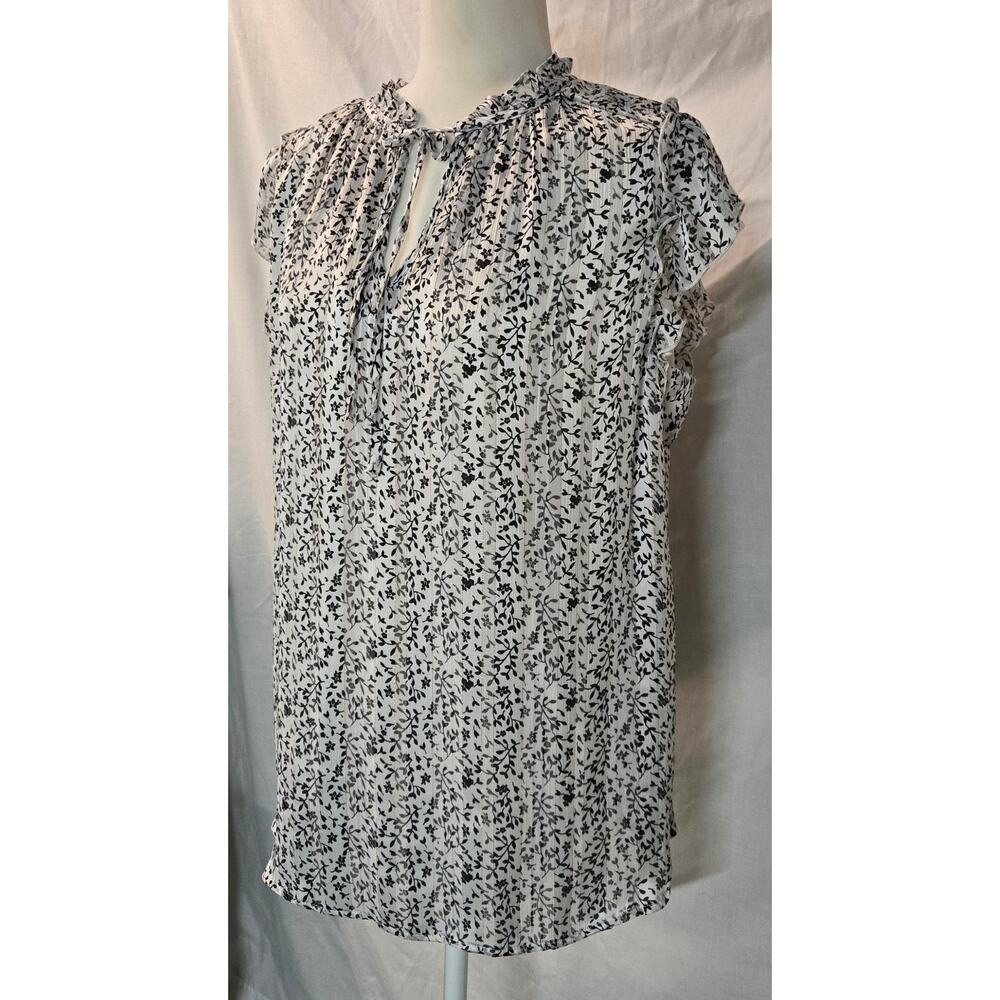 Tamara H Womens Blouse Flutter Sleeve Ruffle Neck Black Gold White Floral 1X - Picture 2 of 11